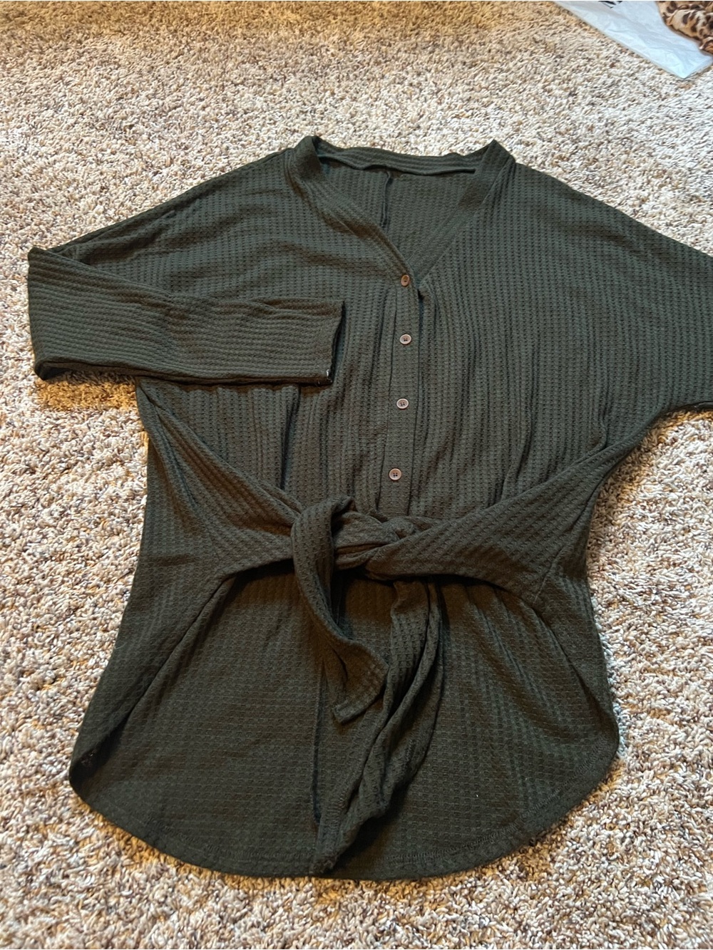 Waffle Knit Button-Front Tunic with Waist Tie - Olive Green